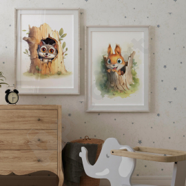 Playful Little Wolf and Squirrel  - Digital Wall Art Set of 2