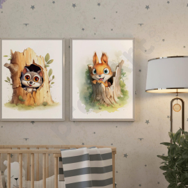 Playful Little Wolf and Squirrel  - Wall Art Print Set of 2