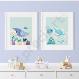 Blue Whale Art Collection- Digital Wall Art Set of 2