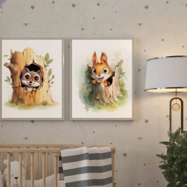 Playful Little Wolf and Squirrel  - Wall Art Print Set of 2