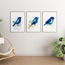 Watercolor Blue Bird - Digital Wall Art Set Of 3
