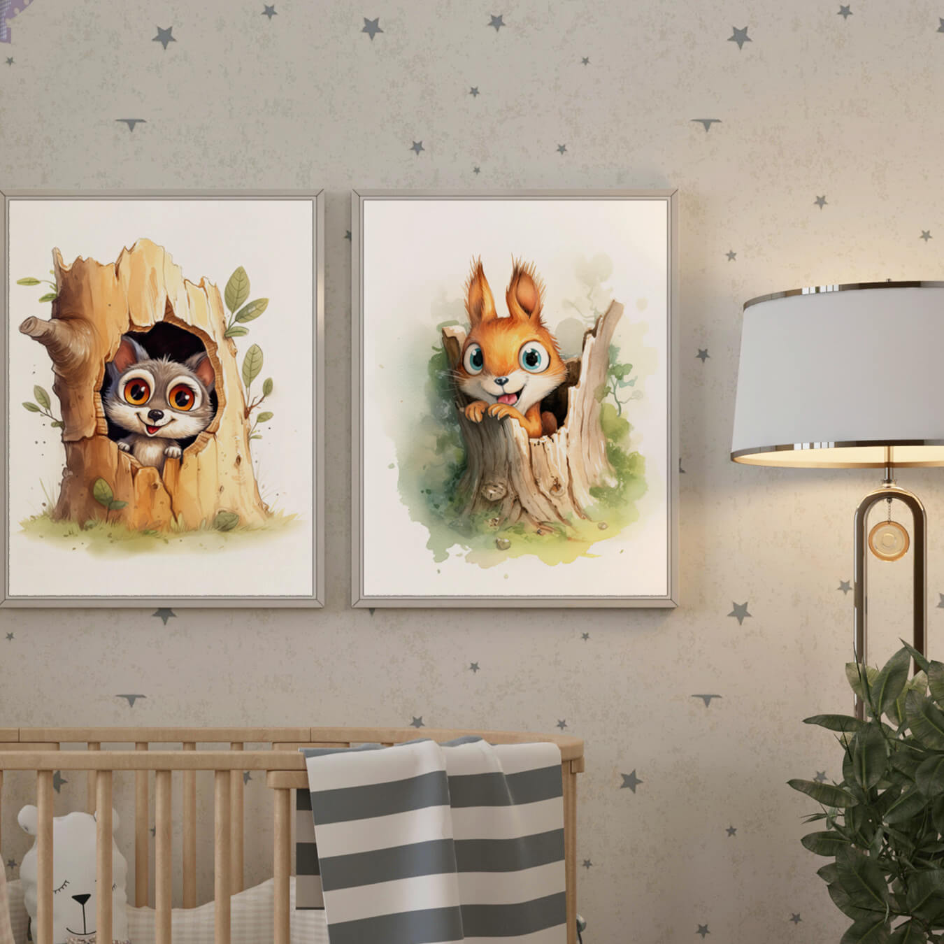 Playful Little Wolf And Squirrel - Digital Wall Art Set Of 2